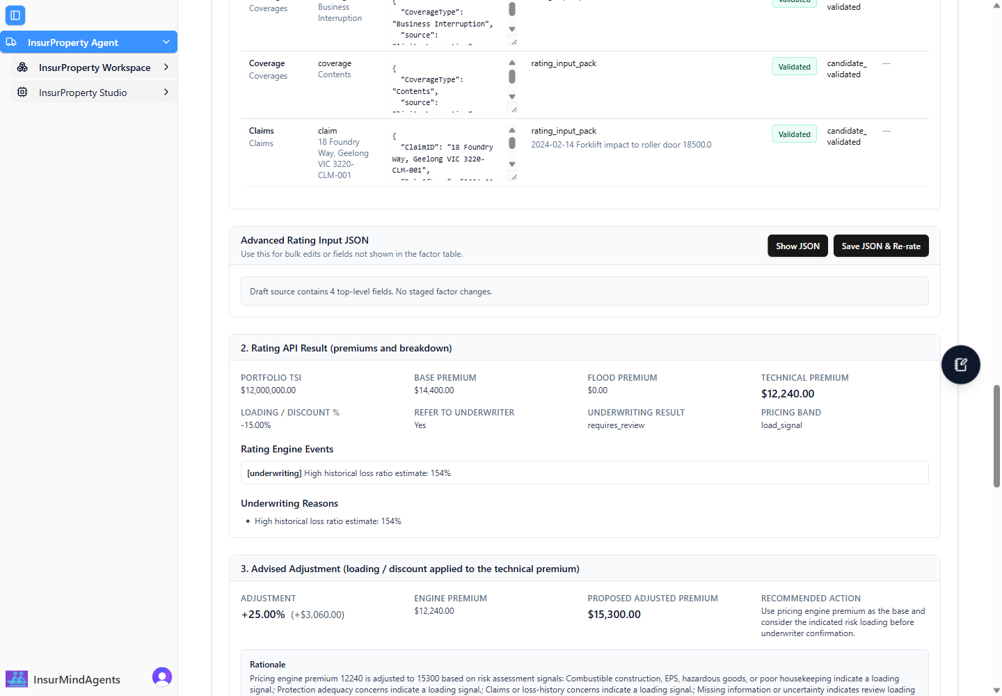 InsurAgent pricing result showing a technical and proposed premium.