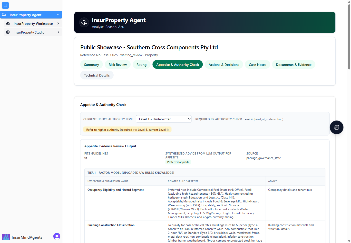 InsurAgent authority page showing a Level 4 referral requirement.